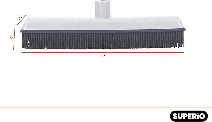 Rubber Bristle Broom for Hardwood Floors, Tiles, Carpets, Wood, and Vinyl Salon Broom, Rubber Squeegee Broom, Rubber Rake for Human Hair, Pet Hair, Fur, Lint, Liquid, Grey, by Superio (Head Only)