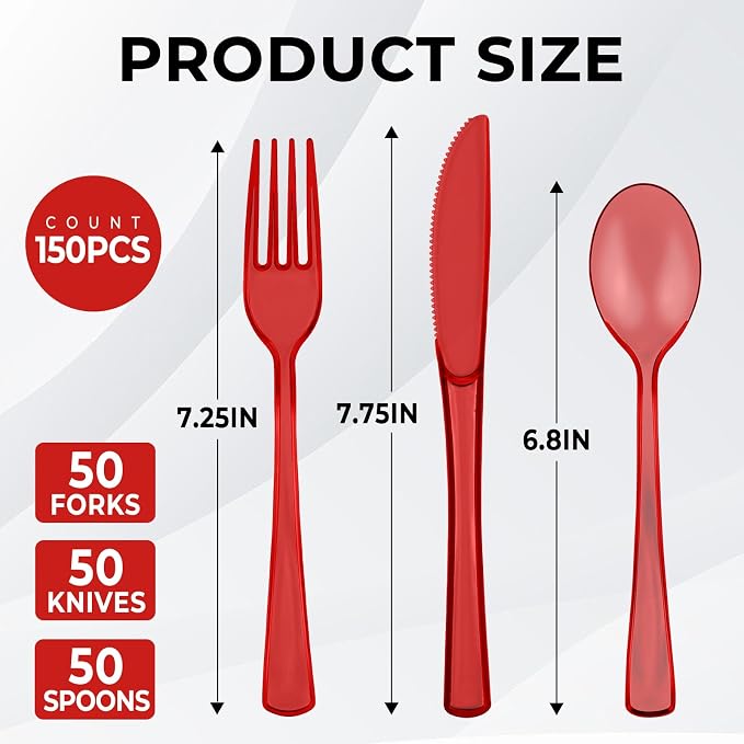 150 PCS Plastic Silverware Disposable Silverware Heavy Duty Utensil Sets 50 Of Each Forks Knives & Spoons Disposable Cutlery Set For Easter,Birthday,Baby Shower,Garden Party,Wedding(150,Red)