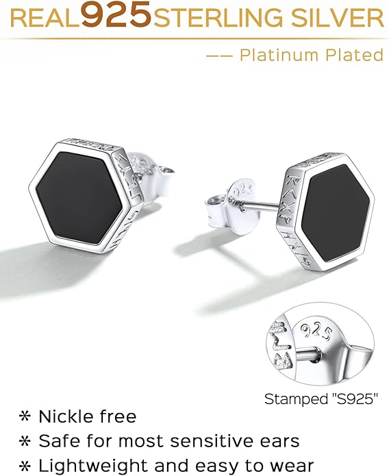 ChicSilver 925 Sterling Silver Viking Rune Natural Black Onyx Stud Earrings For Women Men