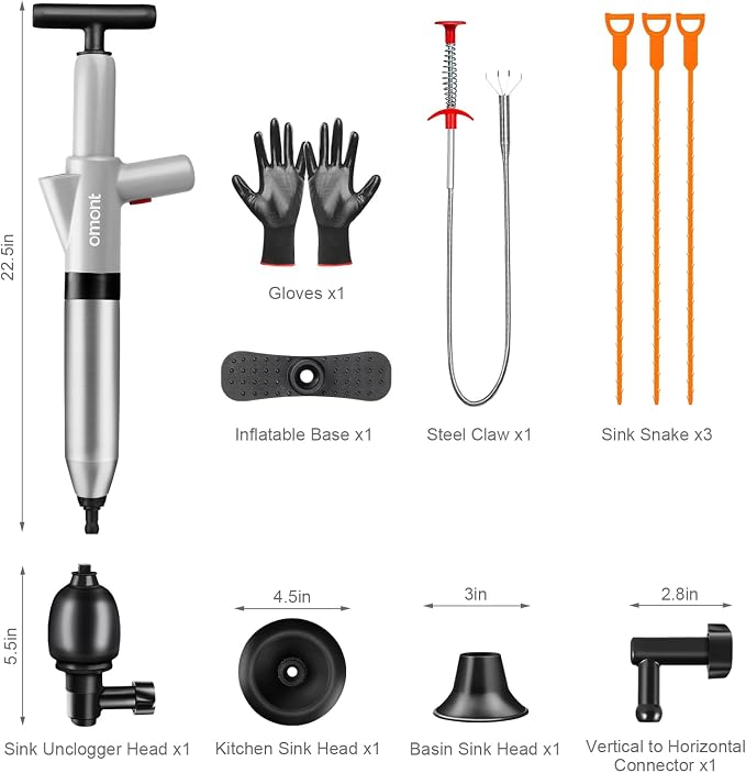 Toilet Plunger Drain Clog Remover: High Pressure Air Drainage Blaster Gun Clog Remover Tool- Stainless Steel Gray Air Plunger for Bathroom, Sink, Floor, Kitchen Clogged