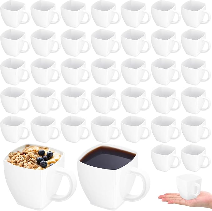 Amyhill 50 Pcs 5 oz Disposable Tea Cups Bulk with Handle Mini Hard Plastic Coffee Mug Square Disposable Espresso Cups for Tea Party Wedding Catering Dessert Sampling (White)