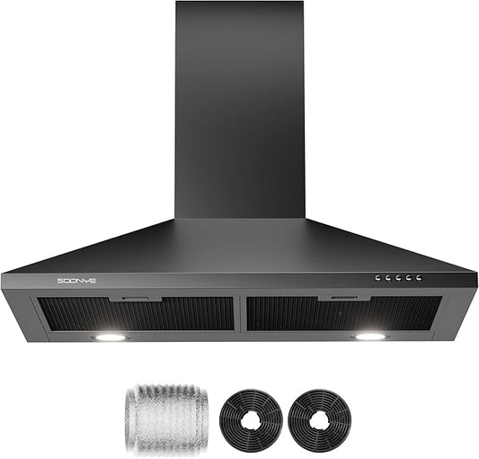 24 Inch Wall Mount Range Hood Ducted/Ductless Convertible Kitchen Exhaust Hood with 450 CFM Motor, 3 Speed Fan, LED Lighting and Dishwasher Safe Filters, Matte Black Painted Finish