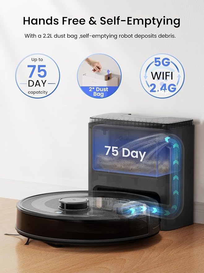 Lefant Robot Vacuum and Mop Combo,75-Days Self-Emptying,7000Pa Powerful Scution,Multi-Floor Mapping, No-Go Zones,140 Min Runtime,2.4G/5G WiFi/Alexa/APP/iWatch, M2 Plus Black