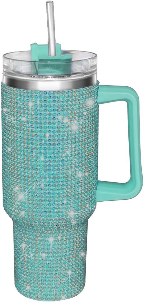 HWISDMIG 40oz Tumbler with Handle-Glitter Rhinestones Tumbler Bling Cups Stainless Steel Water Bottle Diamond Studded Tumbler for Women-Birthday Gifts for Women, Mom, Girlfriend (Sea Glass)
