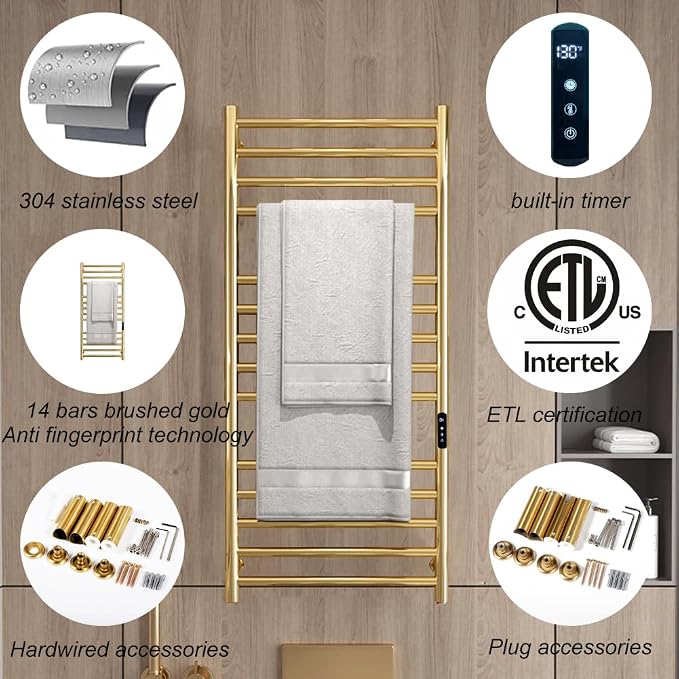 Gold Wall Mounted Heated Towel Rack,Gold Towel Warmers Rack for Bathroom, Timer & Temperature Control Electric Towel Drying Rack (14 Bars Brushed Gold A, Hardwired)