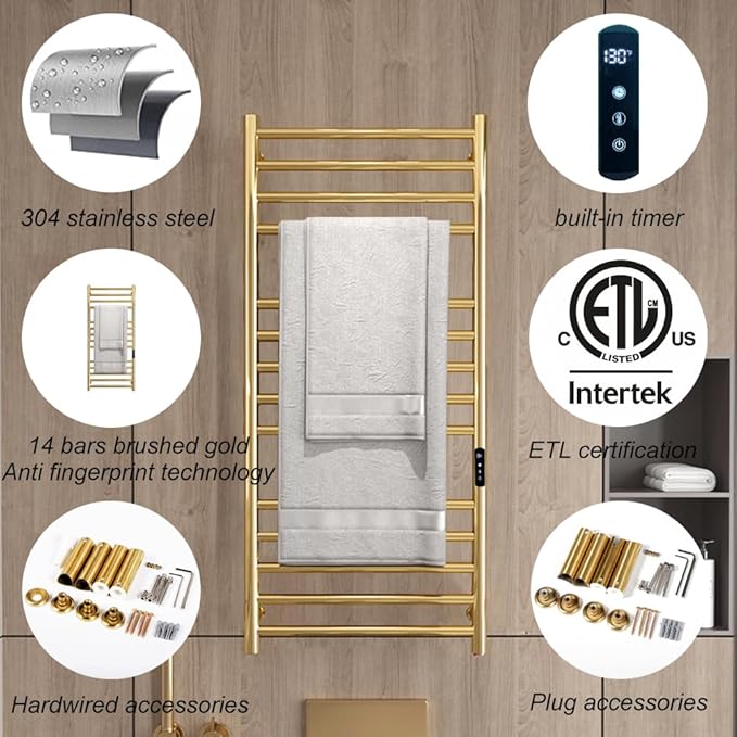 Gold Towel Warmers for Bathroom, Wall Mounted Hot Towel Racks, Heated Towel Drying Rack with Timer & Temperature Multi-Level Adjustable (14 Bars Brushed Gold, Plug-in)