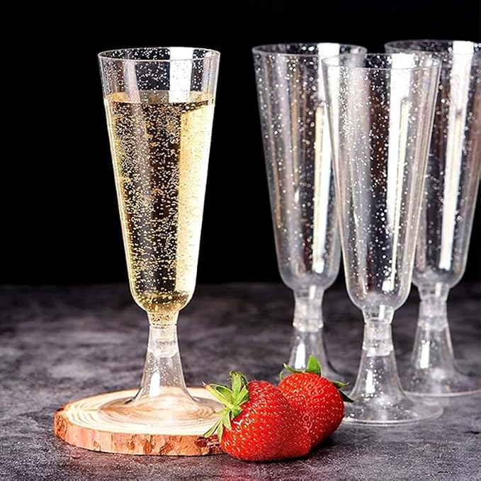 50 Pack Plastic Champagne Flutes 5.5oz Silver Glitter Disposable Suitable for Wedding, Birthday Party, Thanksgiving Day, Christmas Supplies