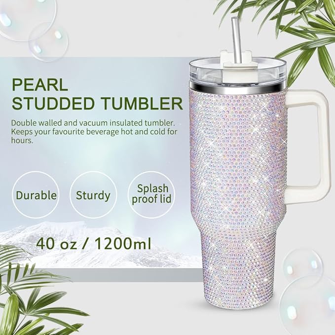 HWISDMIG 40oz Tumbler with Handle-Glitter Rhinestones Tumbler Bling Cups Stainless Steel Water Bottle Diamond Studded Tumbler for Women-Birthday Gifts for Women, Mom, Wife, Girlfriend (40 oz, White)