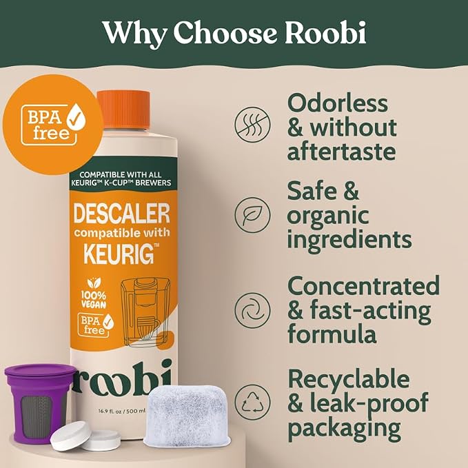 Roobi Keurig Compatible Descaling Solution & Cleaning Kit. Includes 1 Bottle of Keurig Descaler, 12 Cleaning Tablets, 1 Reusable Pod and 6 Water Filters. Carbon Neutral. 1 Year Supply.