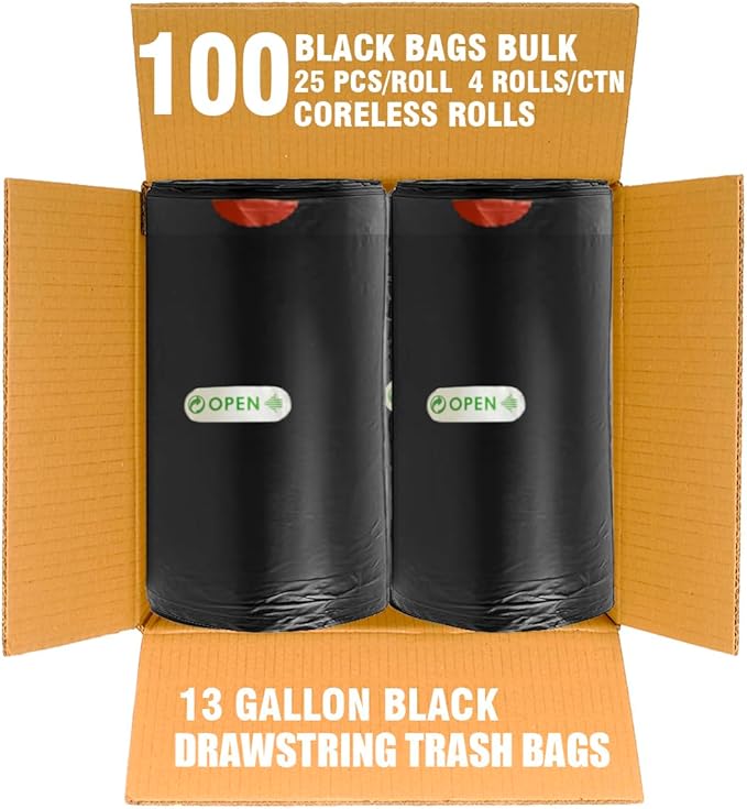 BEIDOU-PAC 13 Gallon Trash Bags Drawstring, 100 Count Bulk, Black & Unscented Garbage Bags, Multi-purpose Tall Kitchen Trash Bags Can Liners for Business Home Commercial and Industrial