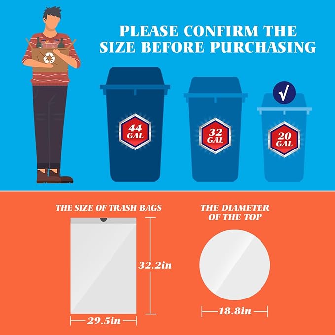 20 Gallon Large Drawstring Trash Bags 200 Counts, Fit 20-21 Gal Trash Can, Heavy Duty Tall Kitchen Garbage Liners, Large Trash Bags Size Chart for Home/Office, Outdoor Lawn & Leaf Bags, White