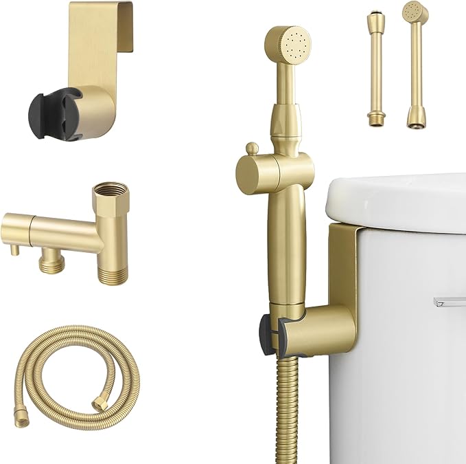 Bidet Sprayer for Toilet Brushed Gold Bidet Attachment for Toilet with Adjustable Pressure Control 3”-11” Spray Reach Brass Cloth Diaper Sprayer