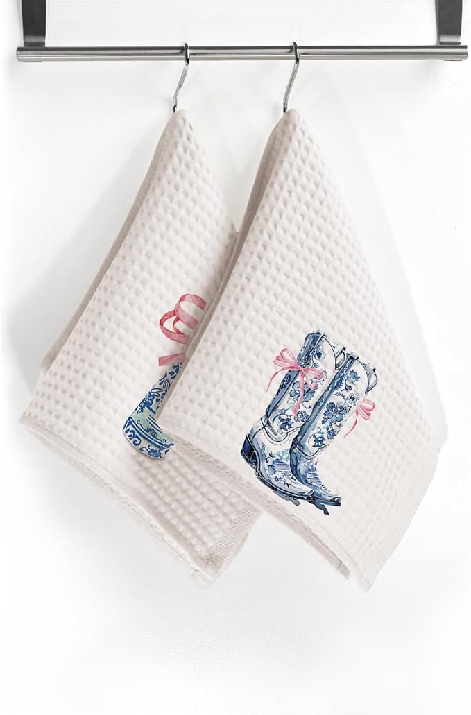 Coquette Pink Blue Bow Chinoiserie Decor Hand Towels for Bathroom,Preppy Blue and White Coastal Cowgirl Kitchen Towels, Women Teen Girls Gifts,16 x 24 inches Set of 4