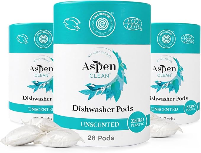 AspenClean | Unscented Dishwasher Pods | Cuts Grease and Grime | Zero Plastic | Non - Toxic | 100% Natural Dishwasher Detergent | EWG Verified - 28 Count (Pack of 3)