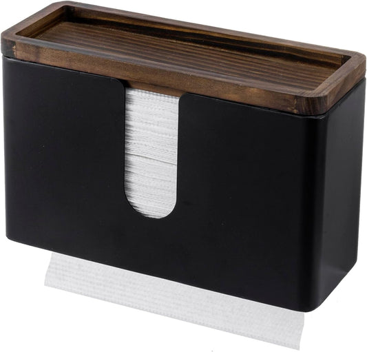 MyGift Deluxe Modern Matte Black Metal Folded Commercial Paper Towel Holder with Rustic Burnt Solid Wood Tray Lid, Wall Mounted Trifold Multifold Z Fold Disposable Napkin Dispenser