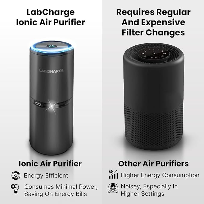 Lab Charge Small Ionic Air Purifier for Home & Bedroom – Silent HEPA Filter – Covers 250 Sq Ft - Free Cleaner for Pets, Hair, Smoke, Dust, Odors & Dander – Compact & Black Design - Pack of 2