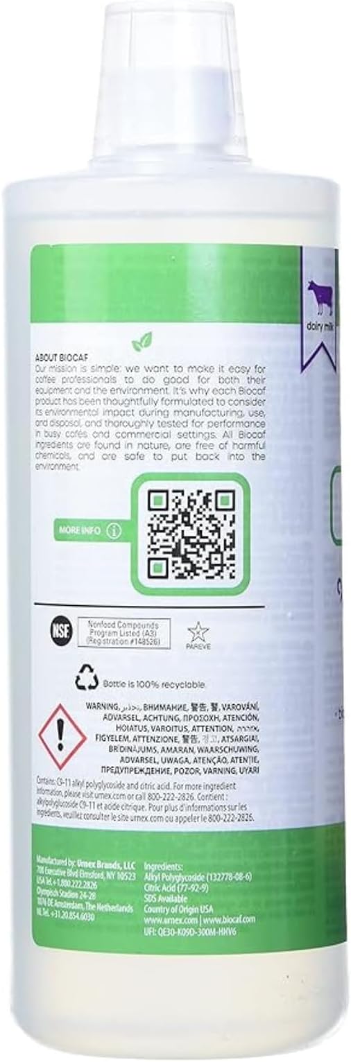 Biocaf Espresso Machine Milk Cleaning Liquid - 1 Liter - Safe Biodegradable Phosphate-Free and Odorless for Auto-Frother, Steam Wands, and Milk Vessels, Such as Steel Pitchers