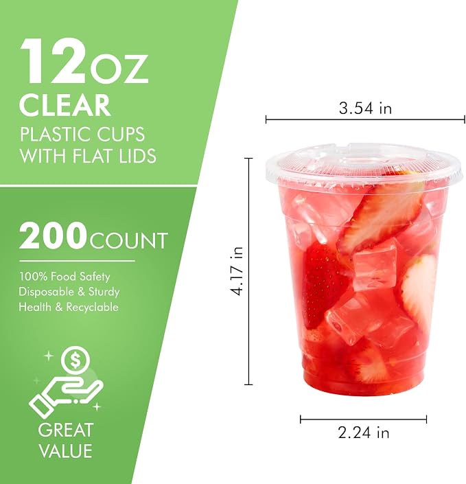 FOCUSLINE 200 PACK 12oz Clear Plastic Cups, Disposable Cold Drinking Cups, 12 Ounce Clear Cups with Flat Lids with Holes for Smoothie, Milkshake, Bubble Tea, Parfait