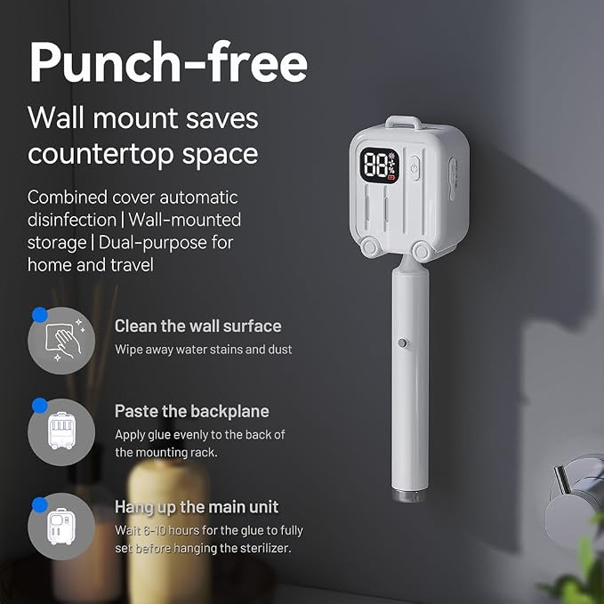 Toothbrush Sanitizer and Holder, Portable Toothbrush Sterilizer Case, Wall Mounted Toothbrush Holder for Bathroom, Travel Toothbrush Case, Rechargeable Cleaner with LED Display, White