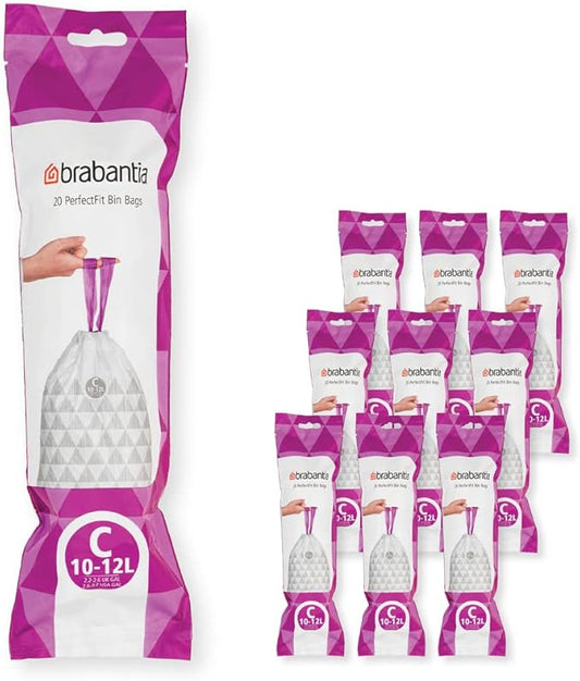 Brabantia PerfectFit Trash Bags (Size C/2.6-3.2 Gal) Thick Plastic Trash Can Liners with Drawstring Handles (200 Bags)