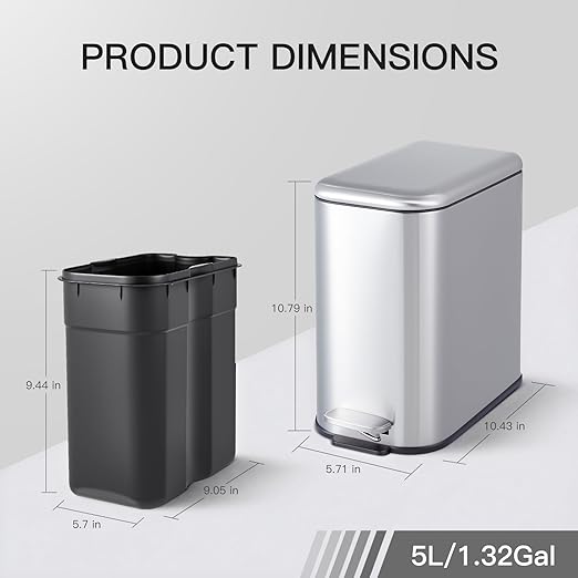 Bathroom Trash Can with Lid, 5L/1.3 gal Stainless Steel Step Trash Can, Slim Small Wastebasket with Removable Inner Bucket for Toilet Bedroom Office