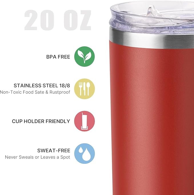 koodee 20 oz Skinny Tumbler with Straw, Stainless Steel Double Wall Insulated Slim Tumbler for Women/Men Diy Birthday Gift (Wine Red)