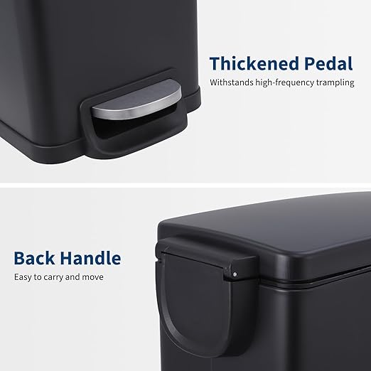 Garvee Small Bathroom Trash Can with Lid, 10 Liter / 2.6 Gallon Stainless Steel Garbage Can with Removable Inner Bucket & Step Pedal, Slim Metal Trash Bin for Toilet, Bedroom, Kitchen, Office, Black