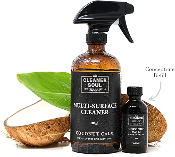 4 Refills - Natural All-Purpose Cleaner Concentrate Essential Oils, Glass Bottle, Non-Toxic, Multi-Surface (Coconut Calm)
