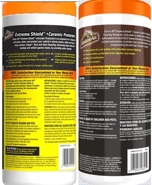 Armor All Ceramic Car Leather Cleaning Wipes, Use on Heated Seats and Leather Surfaces, Includes Extreme Protectant Wipes - 2 Count