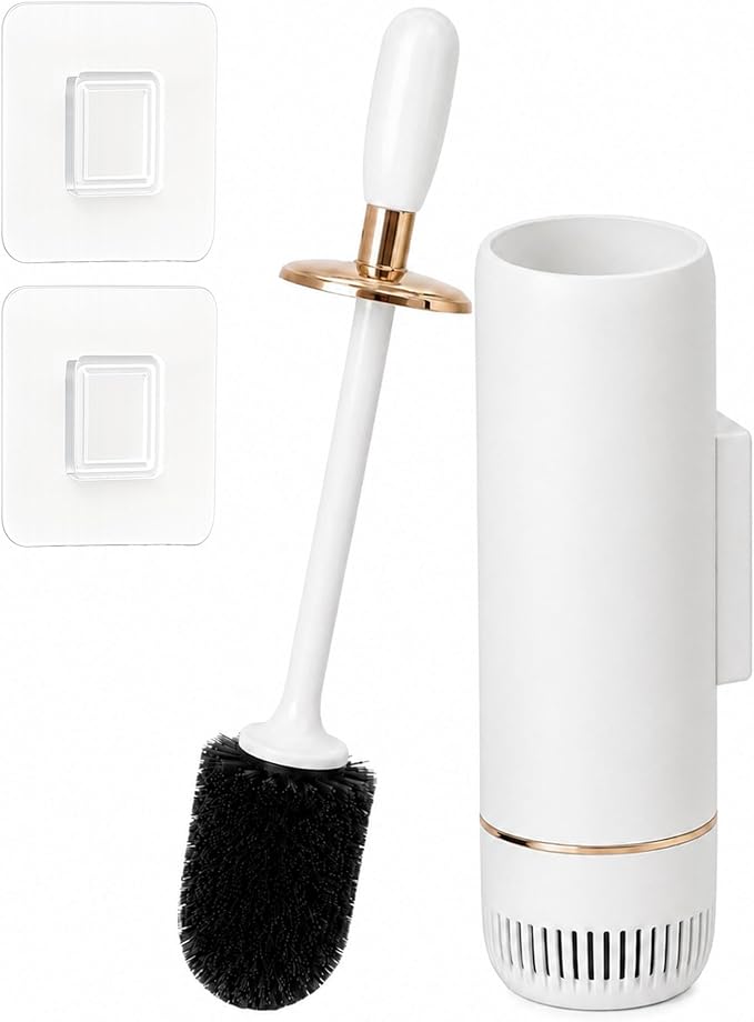 Toilet Brush Set, Dense Nylon Bristles, Wall Mount, Non-Scratch, White Gold | 16.5" Handle | Splash-Proof | Odor-Locking Lid | Ventilated Base | Hideaway Brush Head | Thick ABS | 2 Adhesive