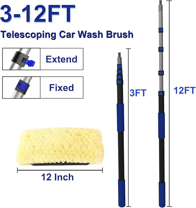 18Ft Reach Car Wash Brush with Long Handle, Car Cleaning Brush 12-Inch Soft Bristles, 3-12Foot Aluminium Telescoping Pole for Scratch-Free Cleaning RV, Car, Boats, Truck, Floors, Solar Panels