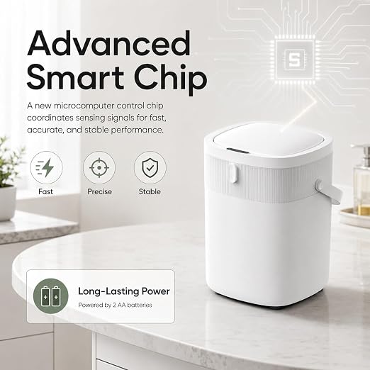 WM-DZT-12-36S Smart Motion Sensor Trash Can, Ultra-Quiet Soft-Close | Long Battery Life | Built-in Bag Storage & Portable PU Handle (White)