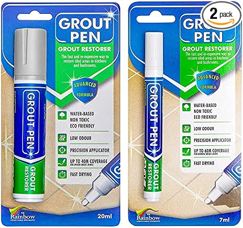 Grout Pen Tile Paint Marker: Waterproof Grout Colorant and Sealer Pen to Renew, Repair, and Refresh Tile Grout - Cleaner Coating Stain Pens - 2 Pack, 15mm Wide Light Grey and 5mm Narrow White Tip