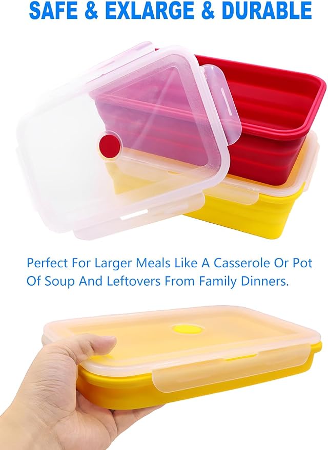 Extra Large Collapsible Silicone Food Storage Containers With Lids, 82.8oz, 2 Pack, XXL Foldable Bento Lunch Box, Rv Collapsible Bowls, Big Meal Boxes for Kitchen, Camping (Red and Yellow)