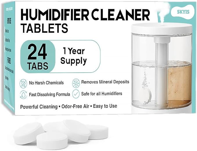 Skyis 24 pack Humidifier Cleaning Tablets Diffuser Cleaner for Stains Residue & Mineral Deposits Improves Mist Flow & Device Care Simple Drop In Formula