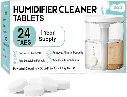 Skyis 24 pack Humidifier Cleaning Tablets Diffuser Cleaner for Stains Residue & Mineral Deposits Improves Mist Flow & Device Care Simple Drop In Formula