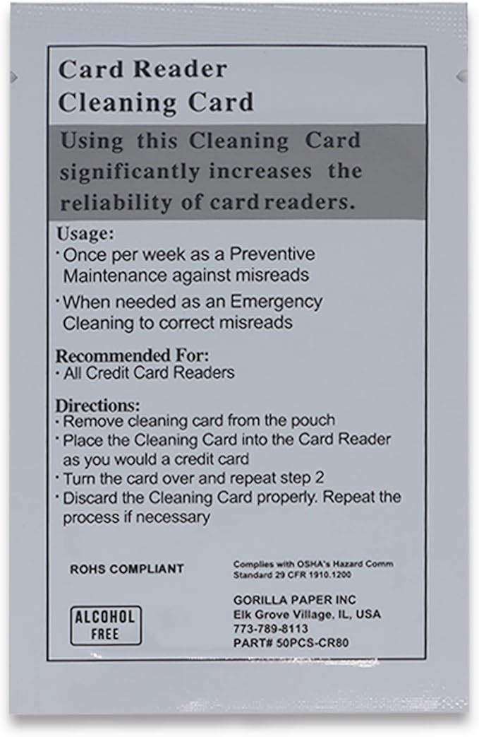 GORILLA SUPPLY Credit Card Cleaning Cards, Dual Side Card Reader Cleaner, POS Terminal Magnetic Head Pre-Saturated Swipe Alcohol-Free CR80 (50 Cards)