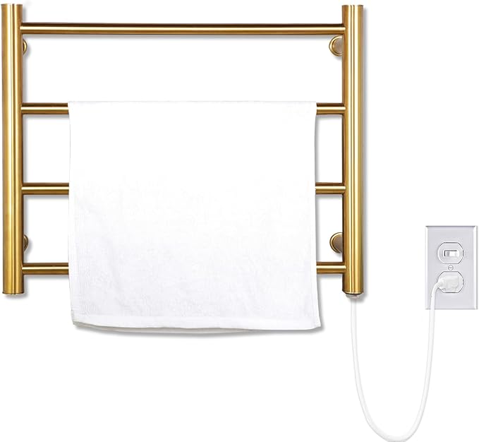 XBVV Gold Heated Towel Rack for Bathroom, Wall Mounted Bath Towel Warmer, Plug-in Electric Towel Rack, 304 Stainless Steel Fast Heating Towel Rack,Keep Bathroom Shower Towels Warm (4-Bar)