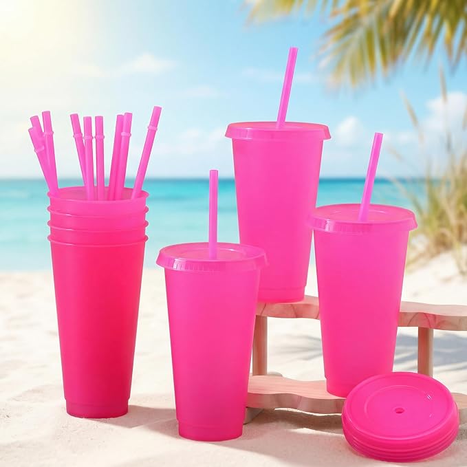 Honeydak 60 Pack Tumbler with Straw and Lid Bulk Cups for Gifts Water Bottle Iced Coffee Travel Mug Cup Reusable Plastic Tumblers for Party Birthdays 24-27 oz (Rose Red Color)