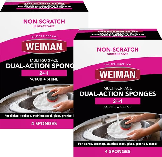 Weiman Multi-Surface Dual Action Sponges, Non-Scratch Scrub & Shine for Dishes, Cooktops, Stainless Steel, Glass, Granite, & More - Durable Kitchen Cleaning Sponges, 8 Sponges