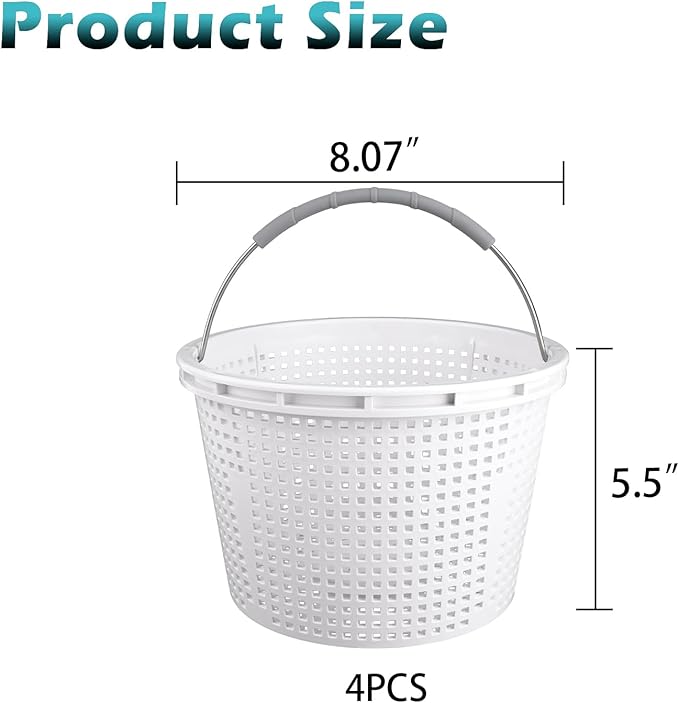 Pool Skimmer Basket for Inground Pool Compatible with Pentair U-3 Skimmer Basket 08650-0007 and Hayward SP1070 Pool Basket Stainless Steel Handle Rubber Grip & Built in Weighting White 4 Pack