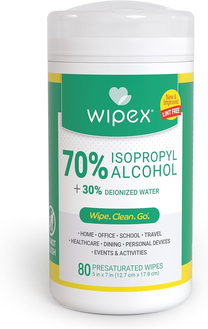 Wipex Alcohol Wipes with 70% Isopropyl Alcohol, 80 CT Lint-Free Cloth in Sealed Canister to clean Surfaces, Electronics, Computer Screens, Glasses, 80 Count