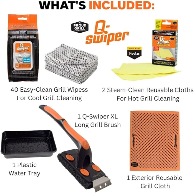 Proud Grill Q-Swiper XL Complete Grill Cleaning Kit - Long Bristle & Wire-Free Brush, Steam-Clean Cloths, Moist Wipes, Exterior Reusable Cloth & Plastic Tray, Grease & Grime Remover, BBQ Accessories
