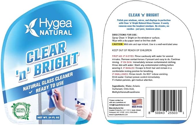Hygea Natural Clear 'n' Bright - Non-Toxic Glass Cleaner Spray - Streak-Free & Ammonia-Free Window Cleaning - Window & Mirror Cleaning Supplies - Safe & Fast (3 Pack, 24oz Spray)