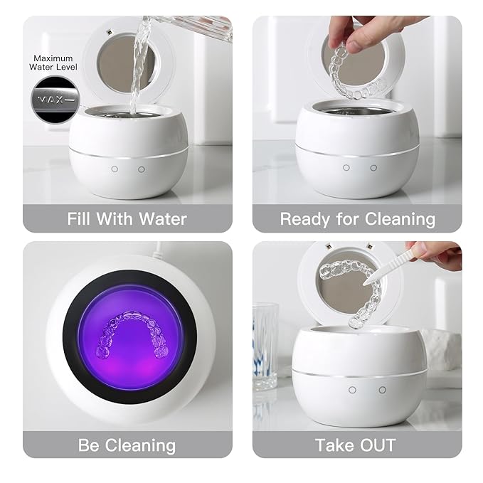 Dental Ultrasonic Retainer Cleaner Machine: 45kHz Dental Cleaning Pod for Denture, Aligner, Mouth Guard, Night Guard, Braces & Jewelry, UV Denture Cleaner with Digital Timer & Dual Mode 250ML White