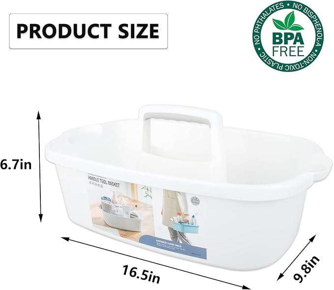 JiatuA Large Cleaning Supplies Organizer with Handle Portable Shower Caddy Basket Plastic Bucket Tool Storage for Bathroom, Bedroom, Kitchen, College Dorm, Under Sink, Garden, White & Light Grey