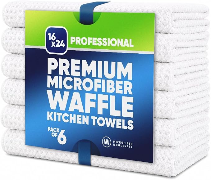 Kitchen Towels - Microfiber Waffle Weave Towels | Absorbent, No Lint, Thick, Reusable, Commercial, Soft, Hand, Tea, Glass, Bar, Sublimation Blank, Polyester Cloths (White, 16 x 24 (6 Pack))