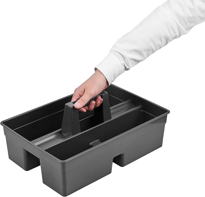 Restaurantware-RW Clean 15.9 x 10.6 x 6.9 Inch Cleaning Caddy, 1 Triple Compartment Cleaning Supply Caddy - With Handle, Crack-Resistant, Black Plastic Cleaning Basket, For Cleaning Supplies,