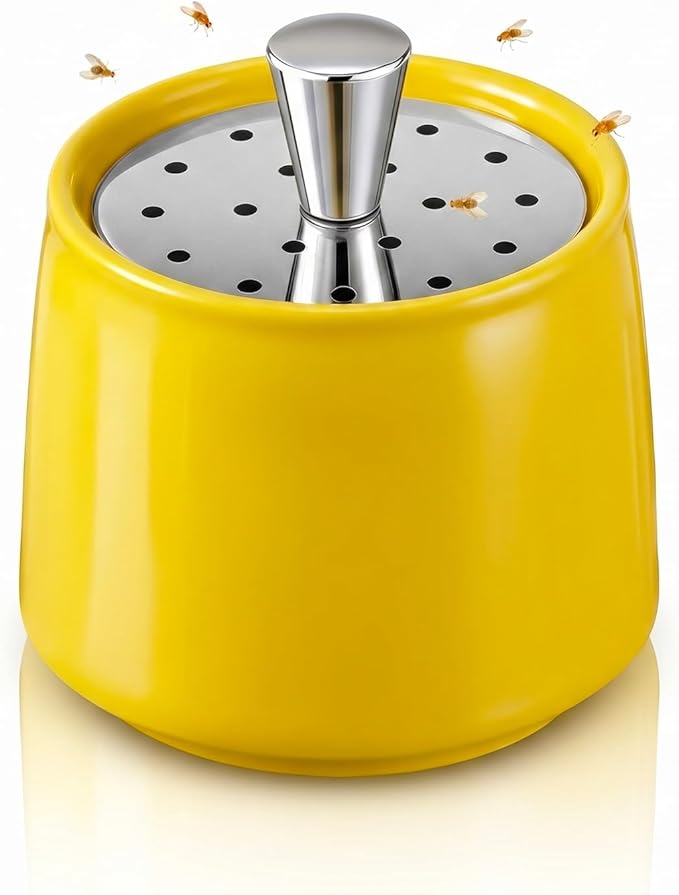 Ceramic Fruit Fly Trap for Indoors, Reusable Kitchen Fly Catcher with Stainless Steel Vent Lid, Uses Safe & Natural Vinegar Bait Trap, Dishwasher Safe, Easy to Use (Yellow,1 Pack)
