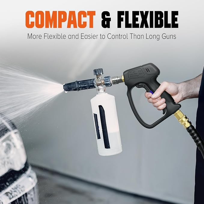 Pressure Washer Gun, Short Pressure Washer Gun for Car Washing Car Detailing 4500 PSI 5 Spray Nozzle M22-14mm & 3/8" Connect 1/4" Quick Connector Coupler for Foam Cannon